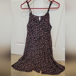 Black mini dress with pink floral pattern